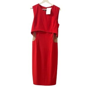 Mikael Aghal NEW Mesh Sheath Dress Red Mesh Knee-Length Sleeveless Wedding Guest